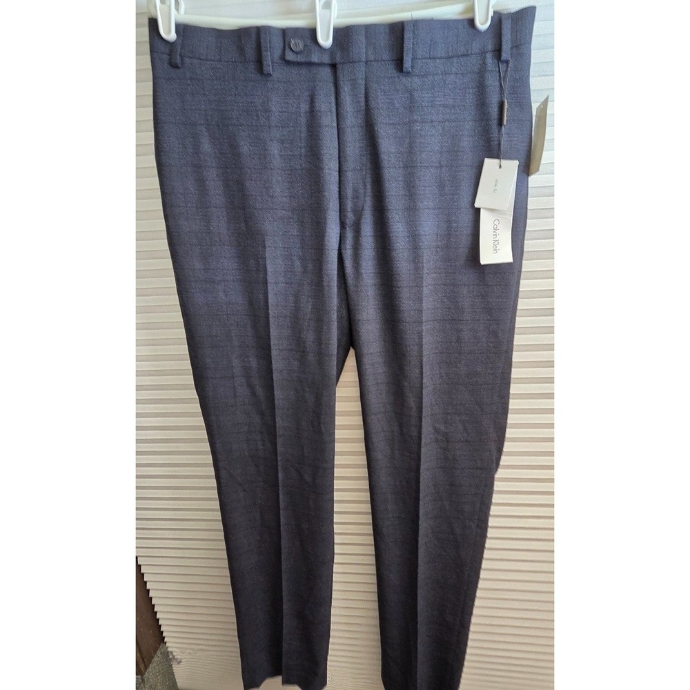 New Calvin Klein Tall Mens Slim Fit Dress Pants 36x34 Long Blue Plaid Stretch